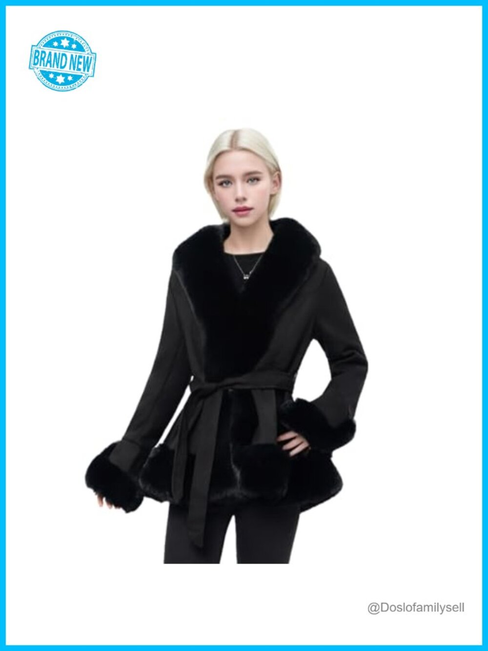 Faux Fur Leather Womens Winter Coat Furry Trim Peplum Parka with Belt
